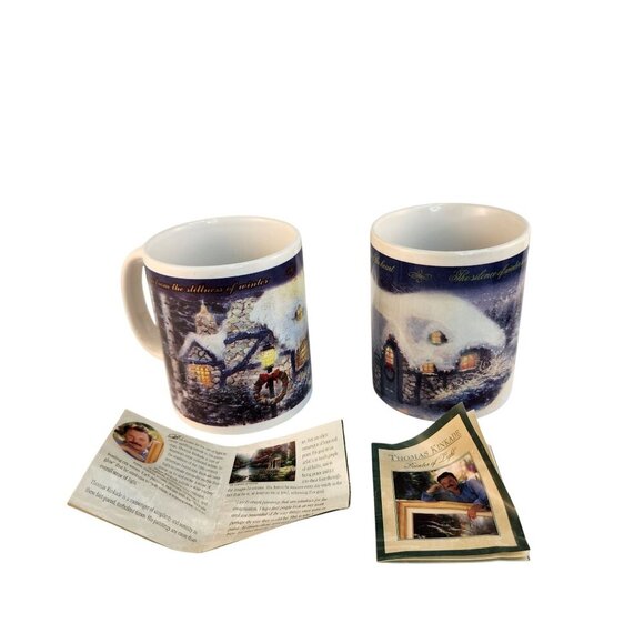 Thomas Kinkade 1990 Coffee Mug Set Stonehearth Hutch and Silent Night Winter Sce - Picture 2 of 10